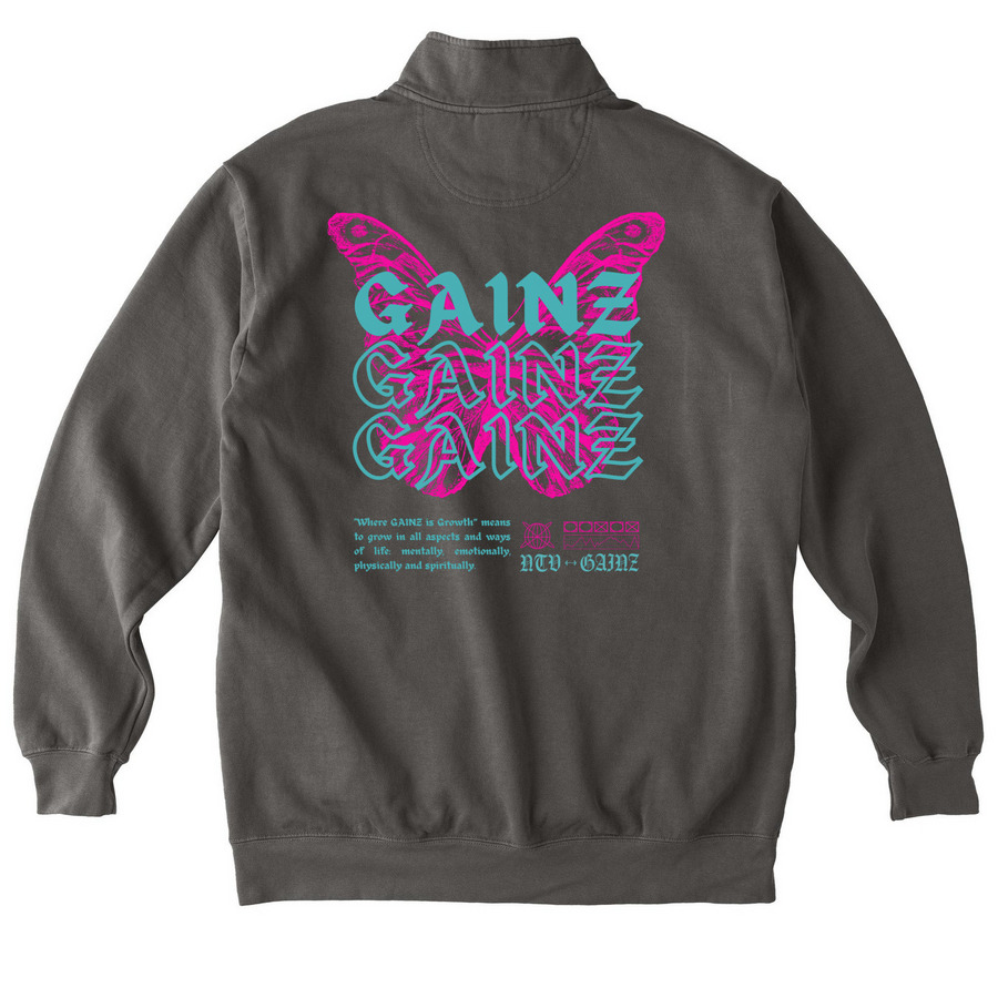 Butterfly GAINZ&nbsp;, a Pepper Comfort Colors Quarter Zip Pullover (back-view)