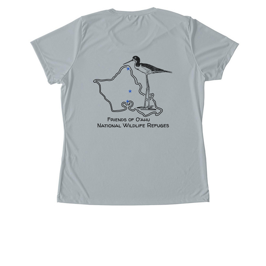 Celebrate O?ahu National Wildlife Refuges, a Silver Women's Performance Tee (back-view)