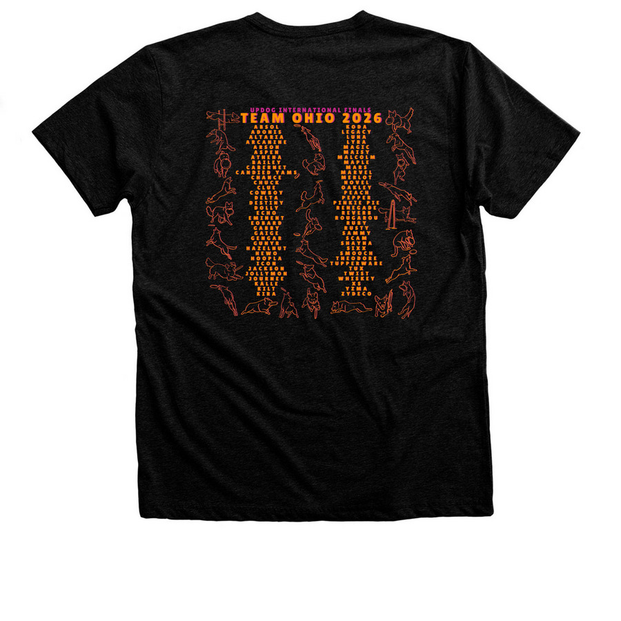 Team Ohio UPDIF 2026 ORANGE plus Chuck, a Black Heather Premium V-Neck Tee (back-view)