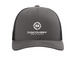 Outreach Hat - White Distressed Logo, a Charcoal/ Black Printed Snapback Trucker Cap