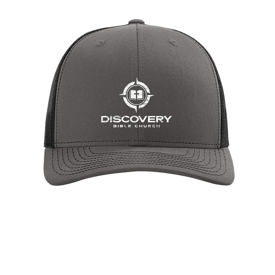 Outreach Hat - White Distressed Logo, a Charcoal/ Black Printed Snapback Trucker Cap