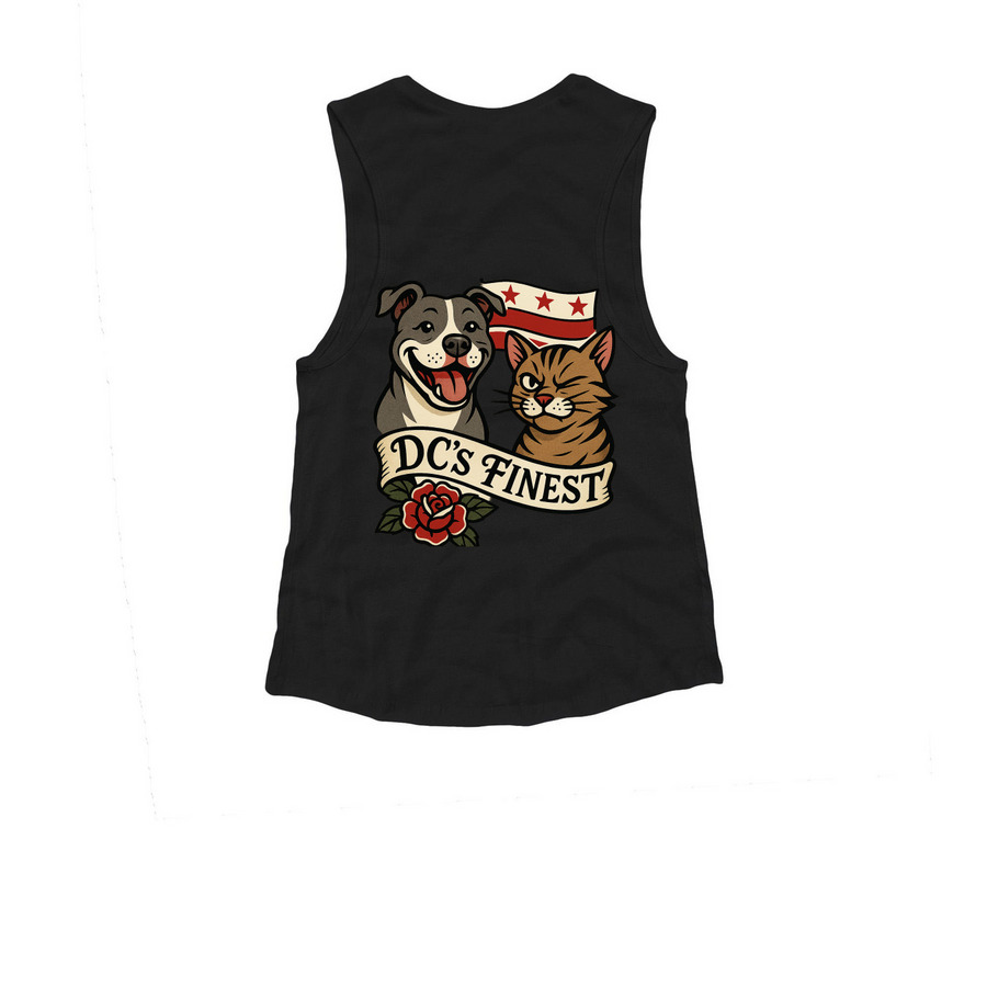 DC's Finest Dog & Cat, benefiting HRA, a Black Women's Muscle Tank (back-view)