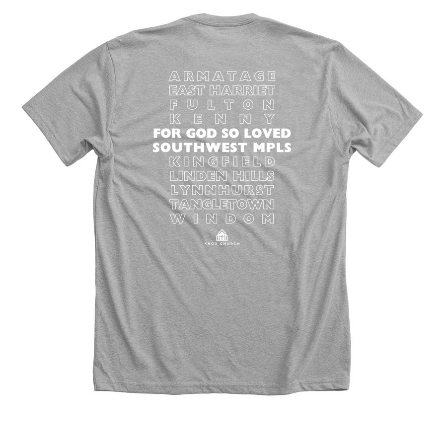 For God So Loved SW Minneapolis, a Athletic Heather Premium Unisex Tee (back-view)