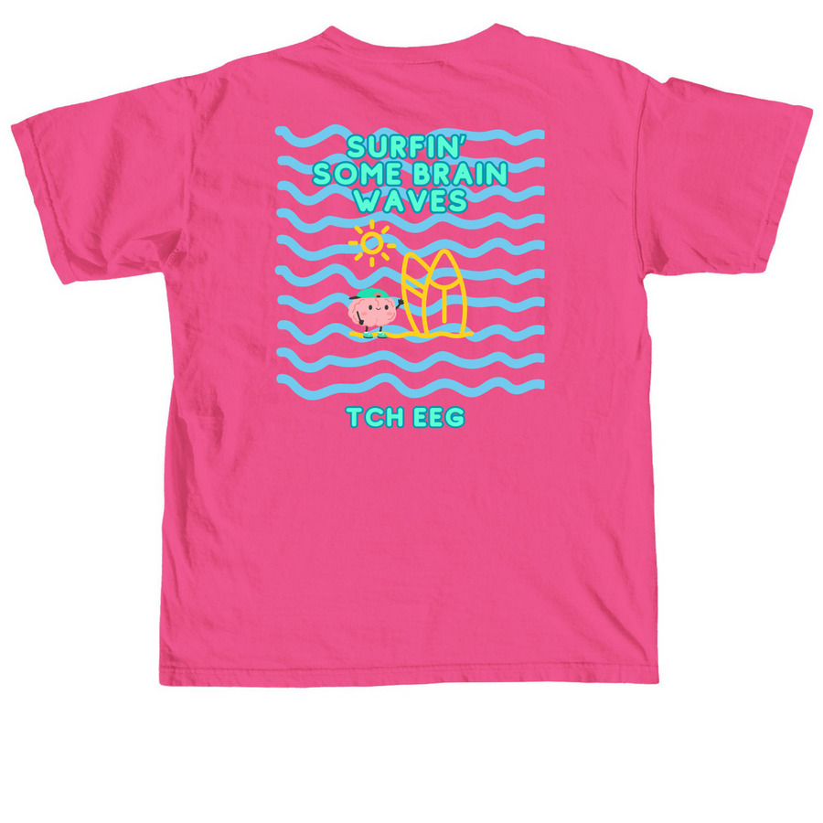 SURFIN, a Neon Pink Comfort Colors Unisex Tee (back-view)