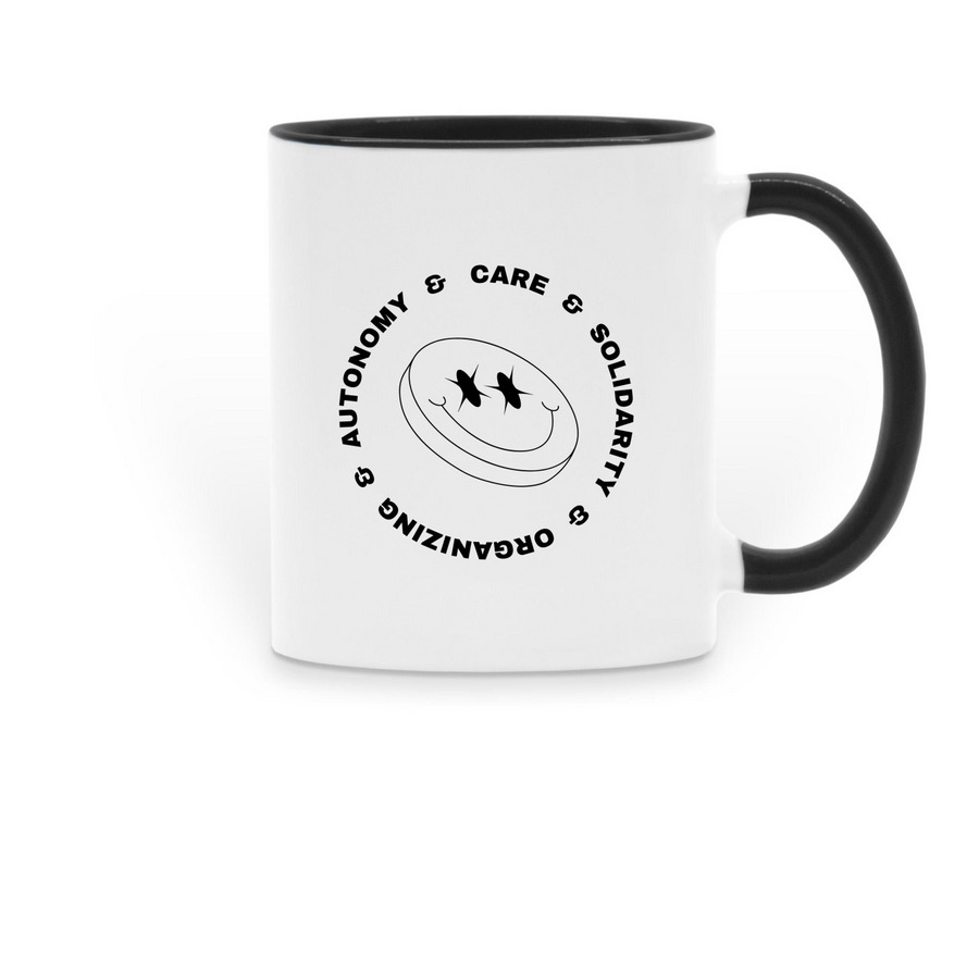 Autonomy & Care & Solidarity & Organizing, a Black Two-Tone Ceramic Mug