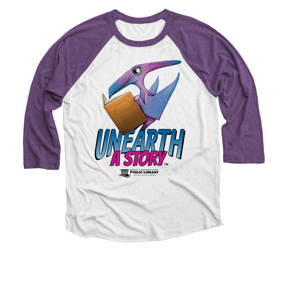 Summer Reading 2026 -&nbsp;Pterodactyl, a Purple Rush and Heather White 3/4 Sleeve Baseball Tee