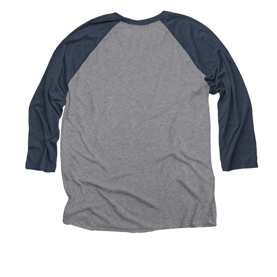 Limited Edition Pelotonia 2026, a Vintage Navy and Premium Heather 3/4 Sleeve Baseball Tee (back-view)