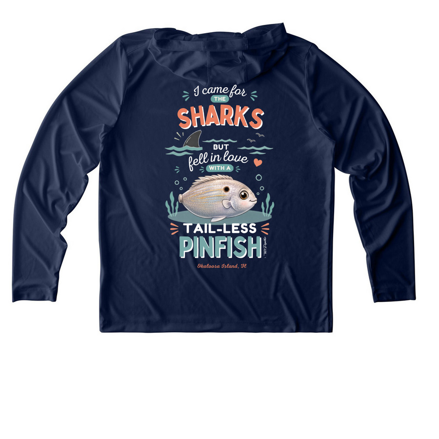 Tail-less Pinfish UPF Shirts, a True Navy UV Performance Long Sleeve Hoodie (back-view)