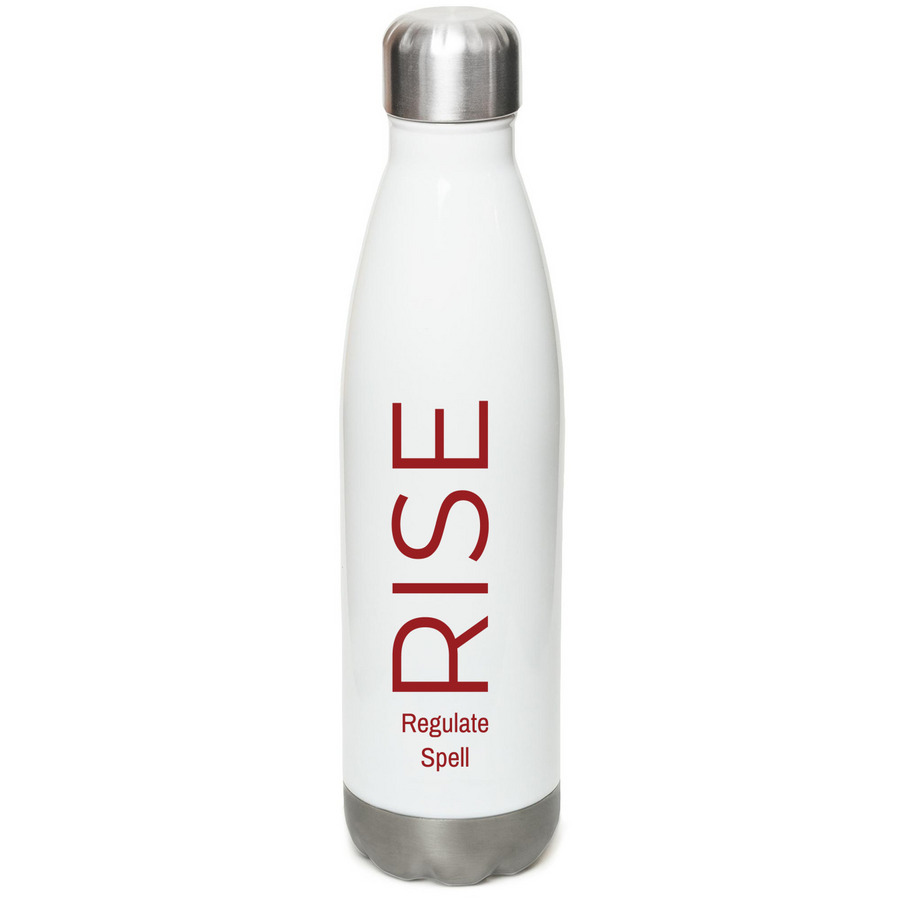 Water Bottle - Spell.Regulate.RISE, a White Stainless Steel Water Bottle (back-view)