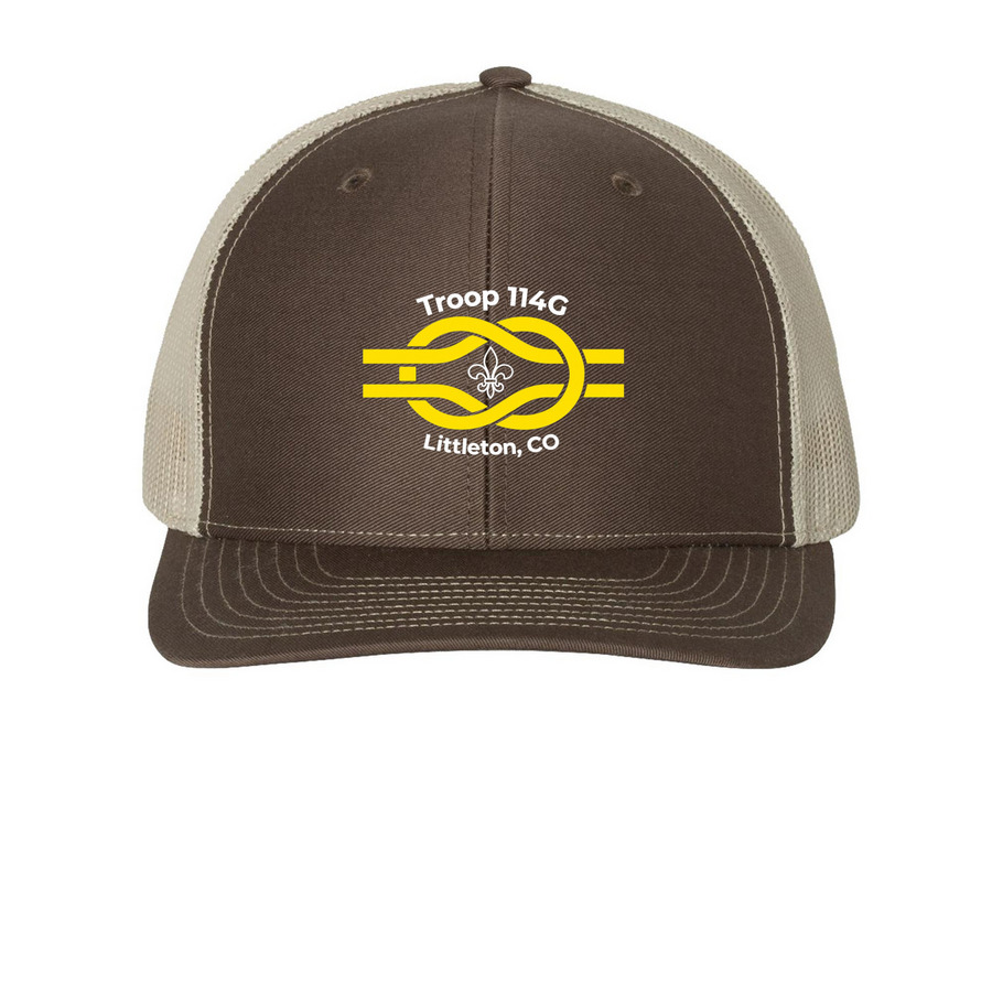 Troop 114G Snapback Trucker Hat, a Brown/ Khaki Printed Snapback Trucker Cap