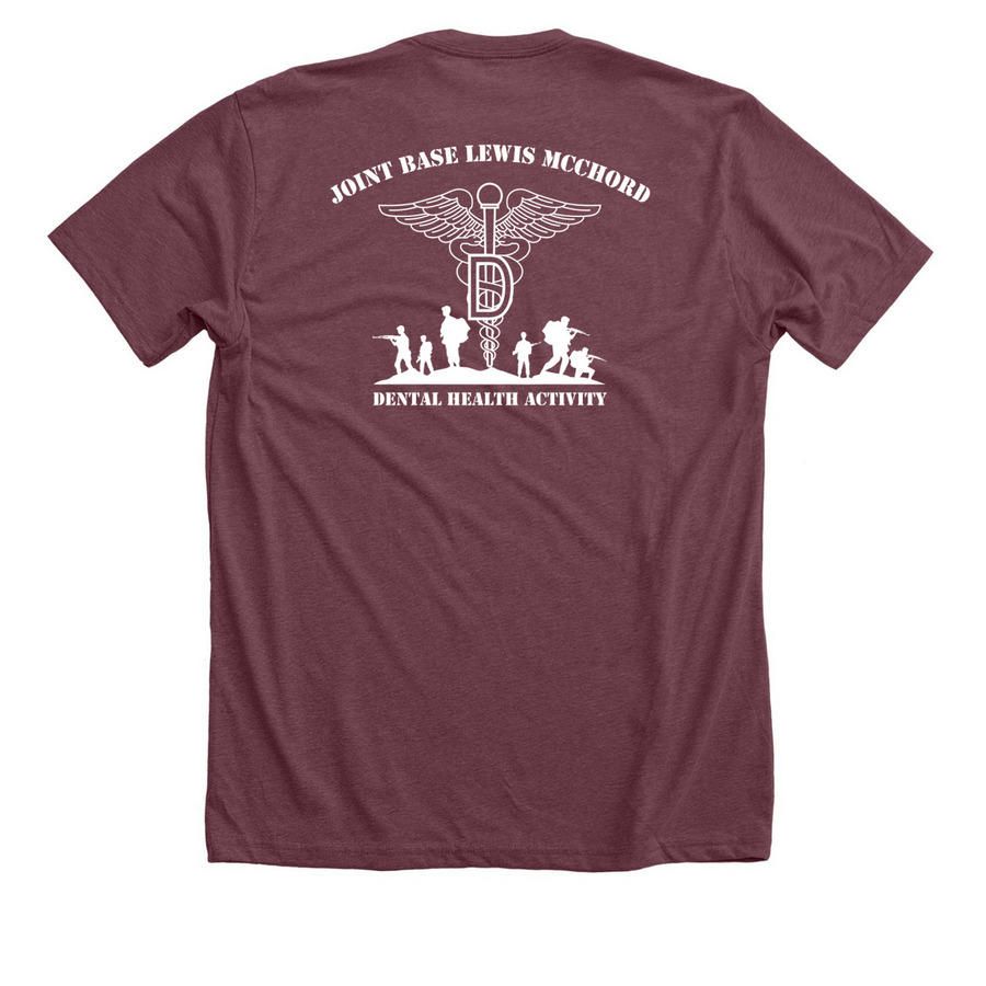 JBLM Dental Health Activity Unit Shirts, a Heather Maroon Premium Unisex Tee (back-view)