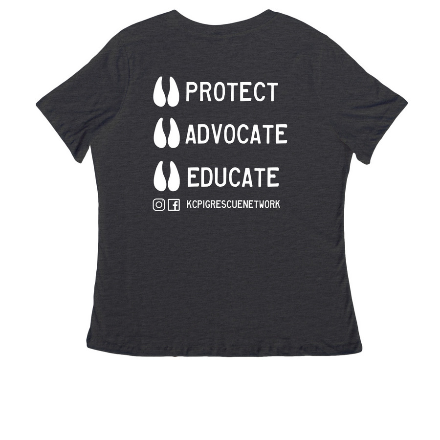 Kansas City Pig Rescue Network, a Dark Grey Heather Women's Relaxed V-Neck Tee (back-view)