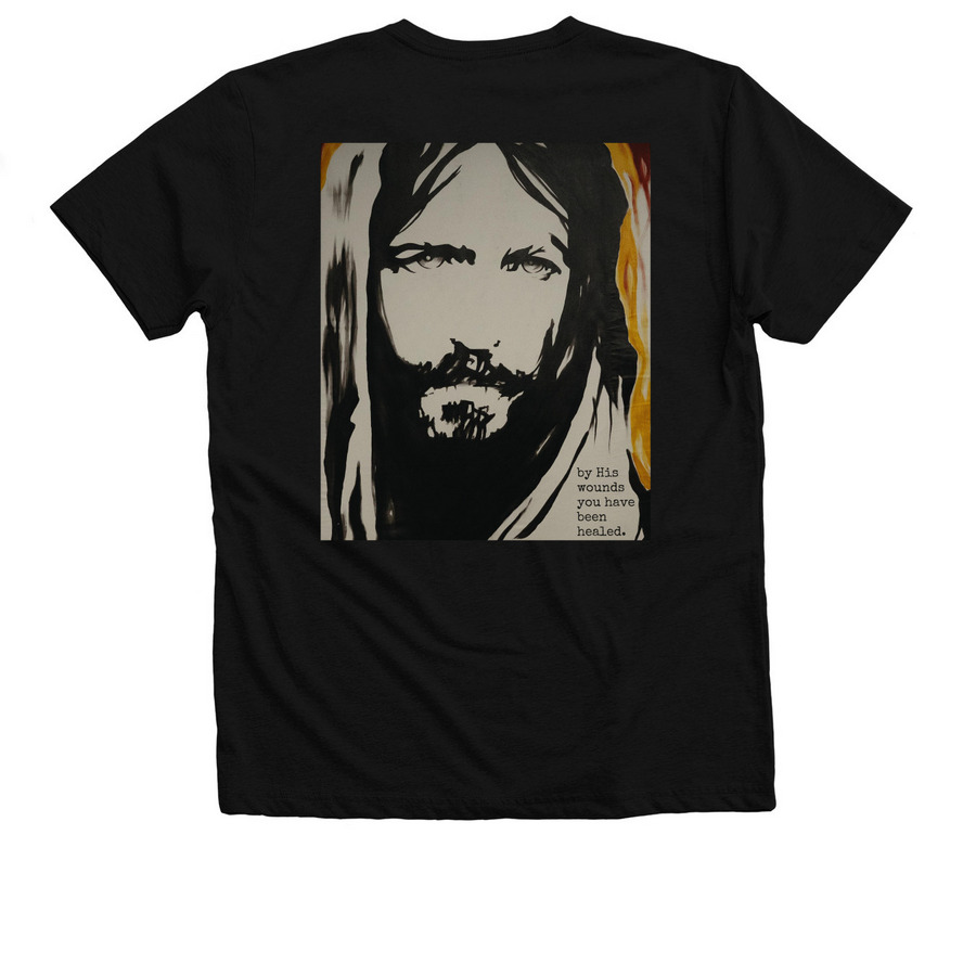 922- By His Wounds Merch, a Solid Black Blend Premium V-Neck Tee (back-view)