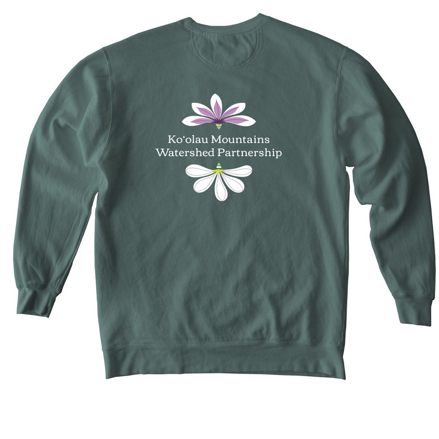 Naupaka (front + back, white font), a Blue Spruce Comfort Colors Crewneck Sweatshirt (back-view)