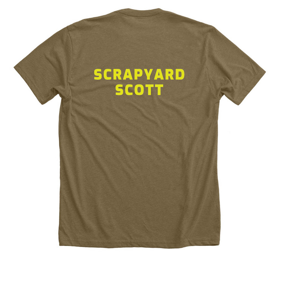 GPK-Scrapyard Scott, a Heather Olive Premium Unisex Tee (back-view)