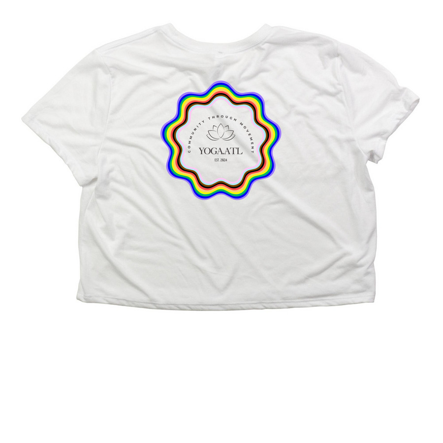 Yoga & Yap: Pride Edition, a White Women?s Flowy Cropped Tee (back-view)