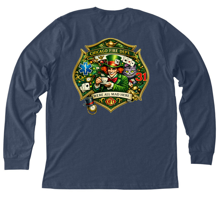 We're all mad here&nbsp;, a Heather Navy Premium Long Sleeve Tee (back-view)