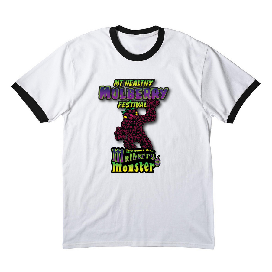 Here Comes the Mulberry Monster!, a White/ Jet Black Cotton Ringer Tee