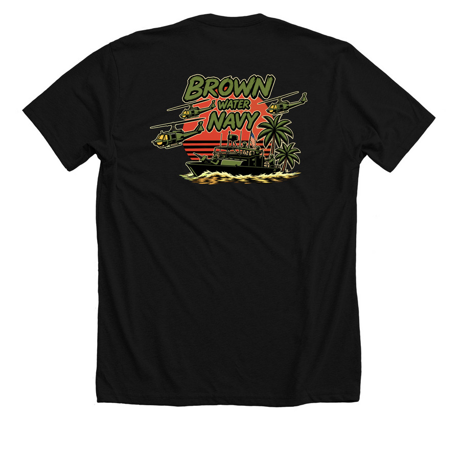 Brown Water Navy (Black)&nbsp;, a Solid Black Blend Premium Unisex Tee (back-view)