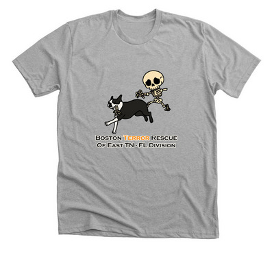 Funny Skeleton Chasing Boston Terrier T-Shirt, a Athletic Heather Premium Unisex Tee