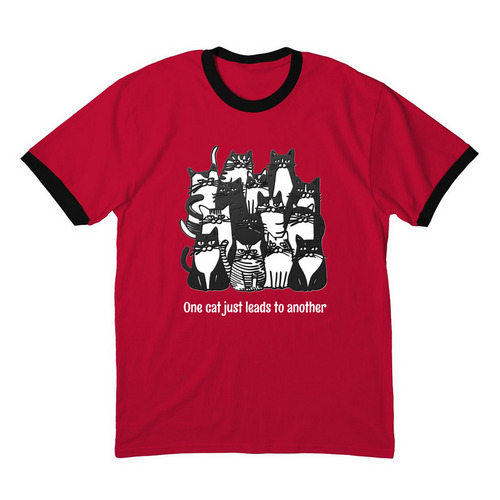 One cat just leads to another, a Red/ Jet Black Cotton Ringer Tee