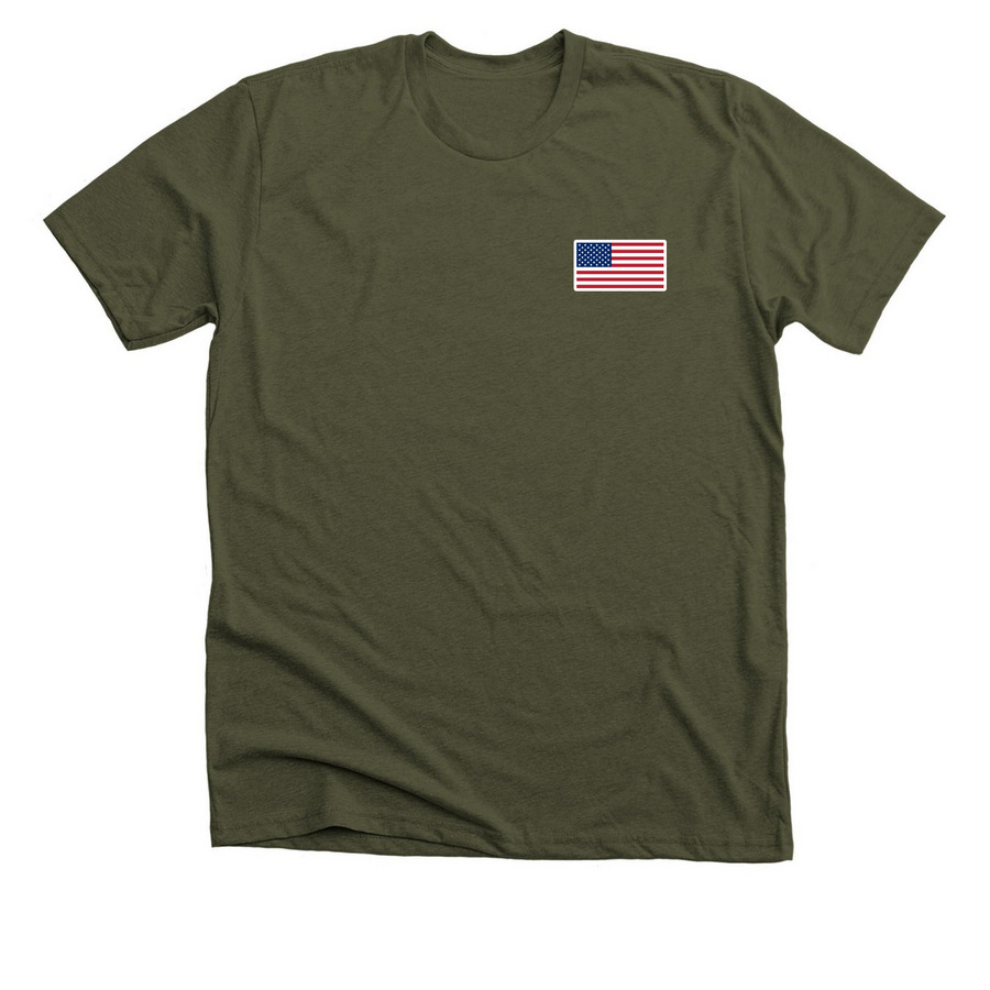 Color Flag Front / SOL Back, a Heather Military Green Premium Unisex Tee