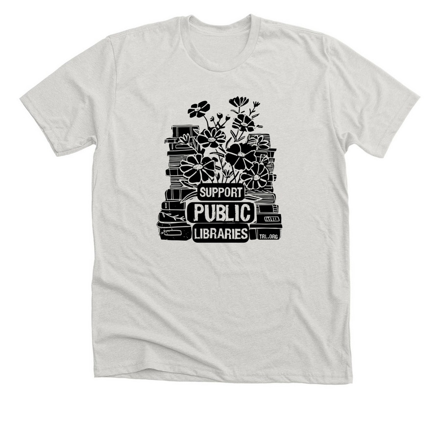 Linocut Support Public Libraries, a Heather Cement Premium Unisex Tee