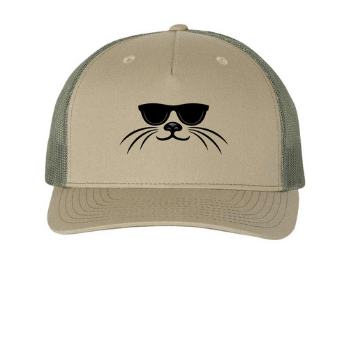 Odyssey Sunglasses & Whiskers Hats, a Pale Khaki/ Loden Green Printed Five-Panel Trucker Cap