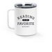 Reading on the Sidelines, a White Stainless Steel Travel Mug (back-view)