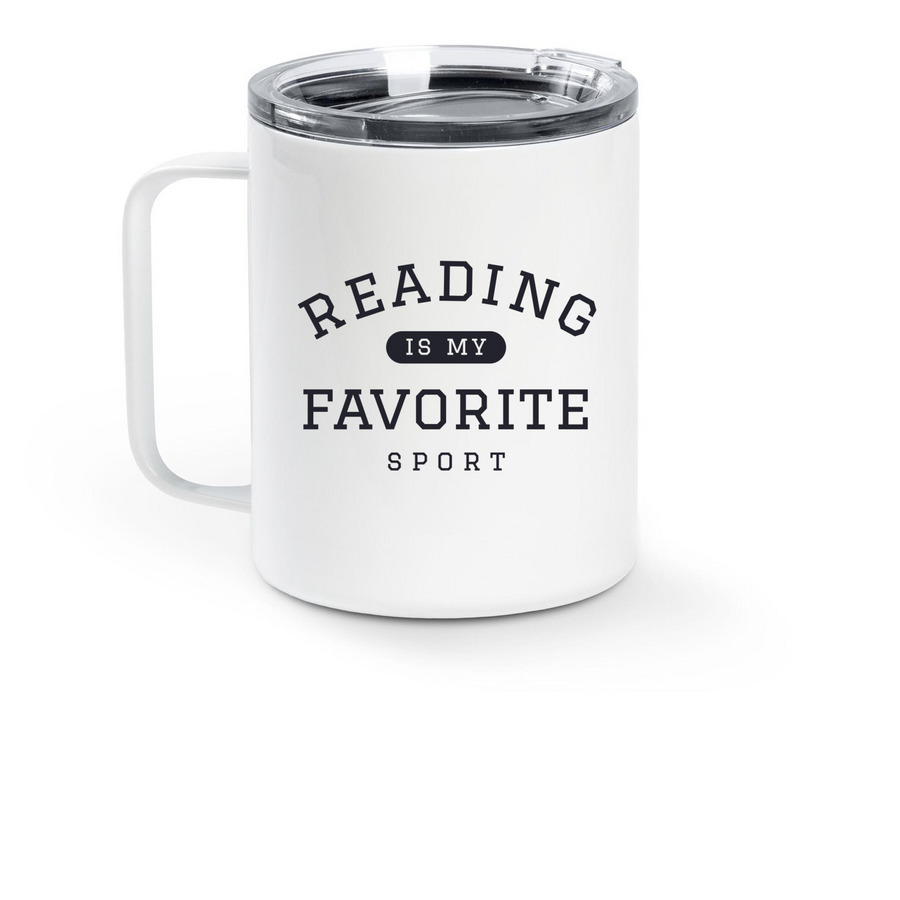 Reading on the Sidelines, a White Stainless Steel Travel Mug (back-view)