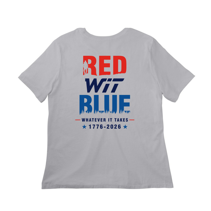 WIT LADIES RED WIT BLUE, a Solid Athletic Grey Women?s Relaxed Cotton Tee (back-view)