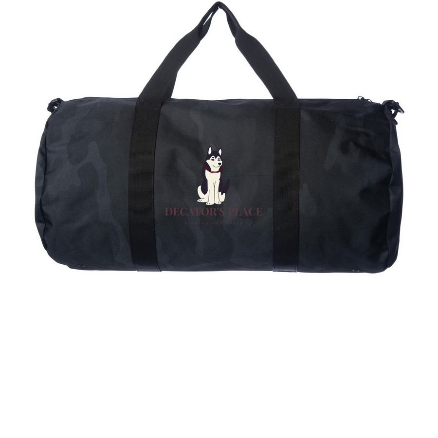 Cool Moot, a Black Camo Day Tripper Duffel Bag (back-view)
