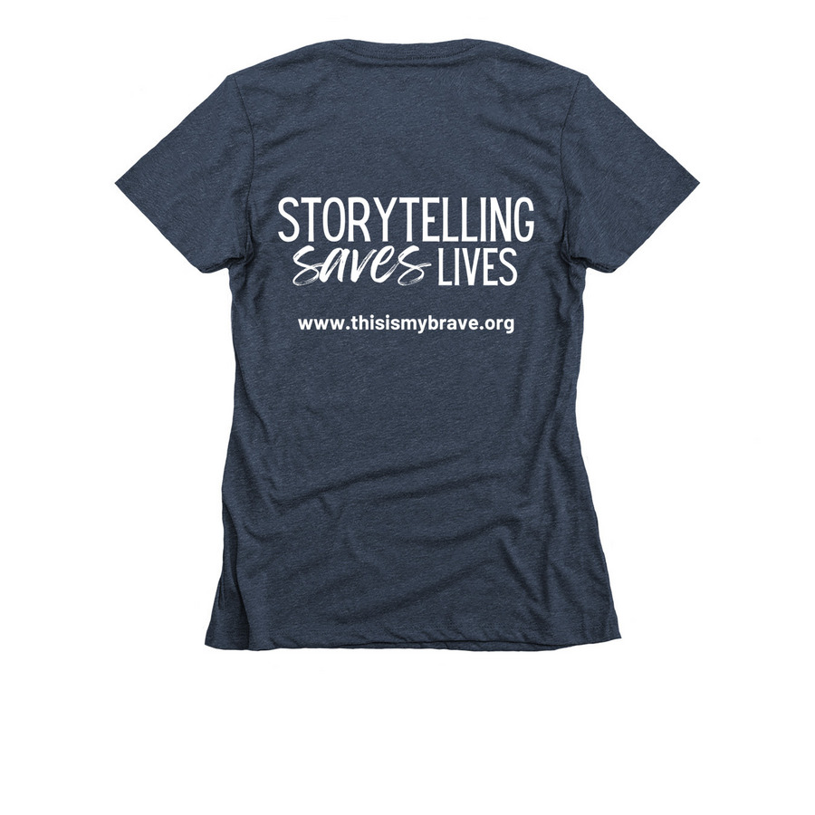 Storytelling Saves Lives Merch, a Midnight Navy Women's Slim Fit Tee (back-view)