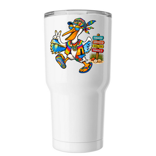 Pensacola Hippie Pelican 30 oz Tumbler, a White Insulated Tumbler