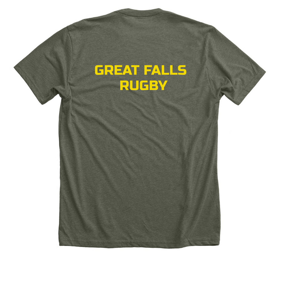 Great FALLS Rugby Gear, a Heather Military Green Premium Unisex Tee (back-view)