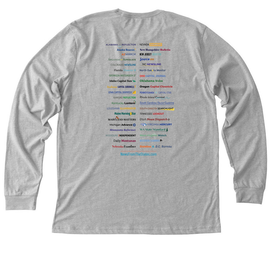 Fair. Fearless. Free. (with state outlets), a Athletic Heather Premium Long Sleeve Tee (back-view)