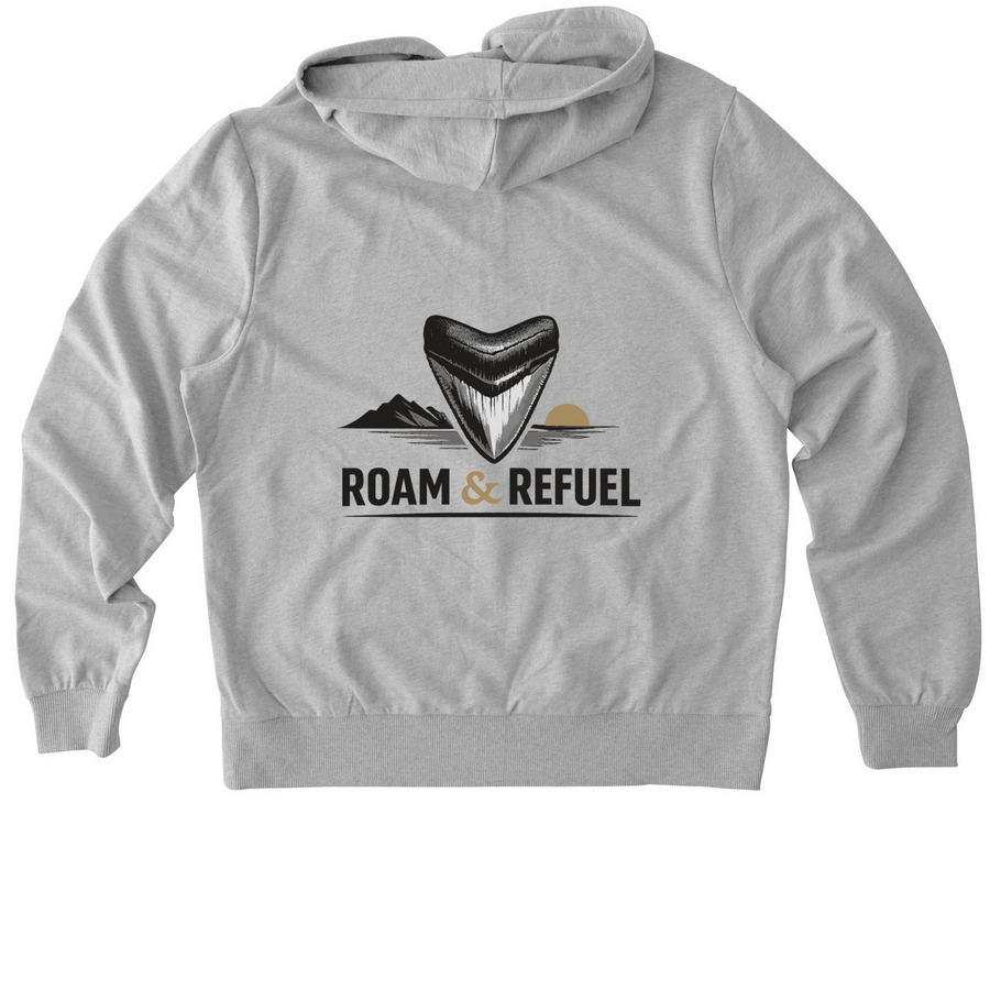 Roam & Refuel Shark Tooth Modern Zip, a Granite Grey Heather Allmade Organic French Terry Zip Up Hoodie (back-view)