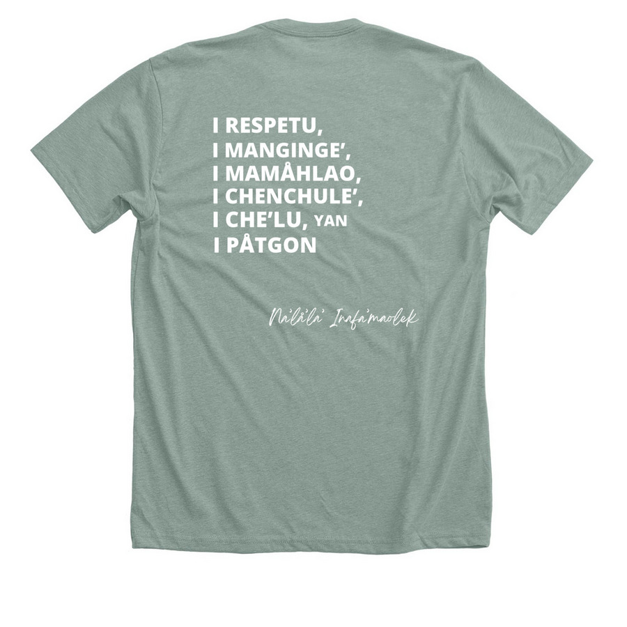Na'l?'la' Inafa'maolek, a Heather Sage Premium Unisex Tee (back-view)