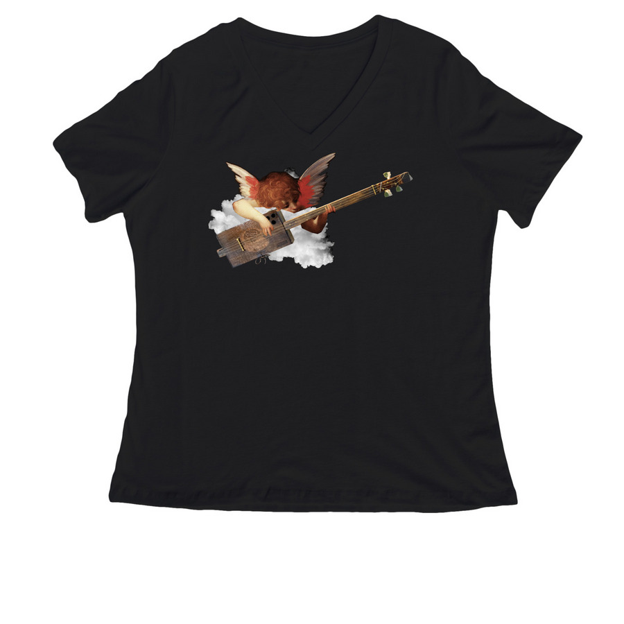 Cherub Playing a Cigar Box Guitar, a Black Women's Relaxed V-Neck Tee