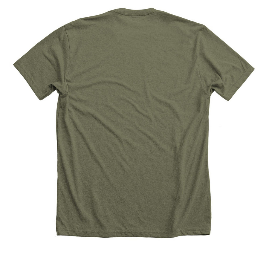 It's Never a Mannequin, a Heather Olive Premium Unisex Tee (back-view)