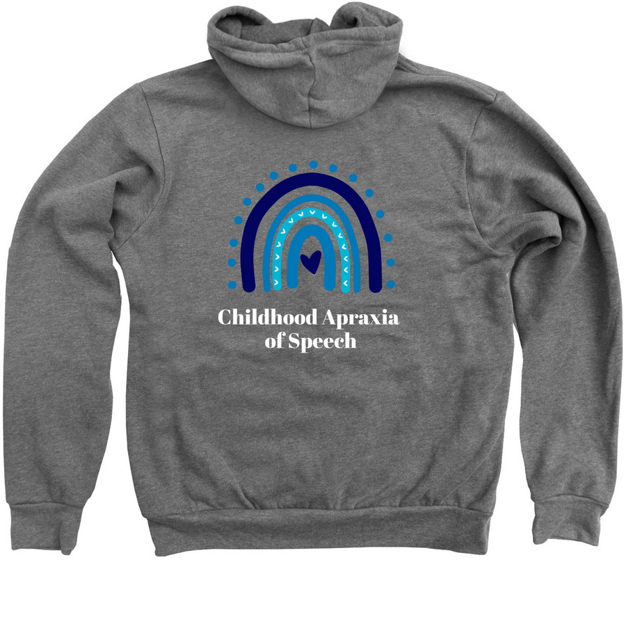 Apraxia of Speech Awareness, a Deep Heather Zip Up Hoodie (back-view)