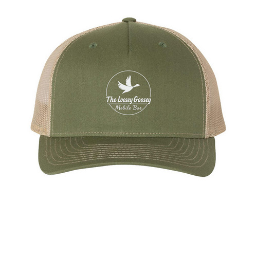 Loosey Goosey Hat, a Army Olive Green/ Tan Printed Five-Panel Trucker Cap