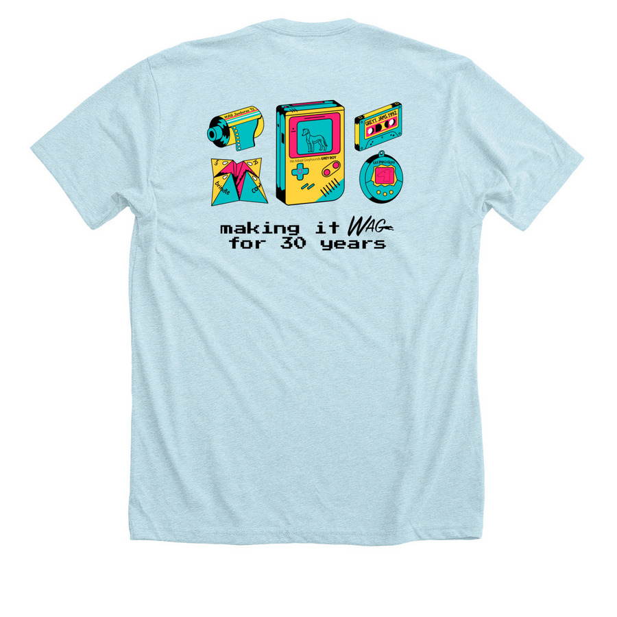 90's WAG Shirt, a Heather Ice Blue Premium Unisex Tee (back-view)