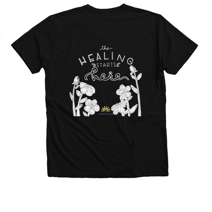 The Healing Starts Here (white logo) Tops, a Solid Black Blend Premium V-Neck Tee (back-view)