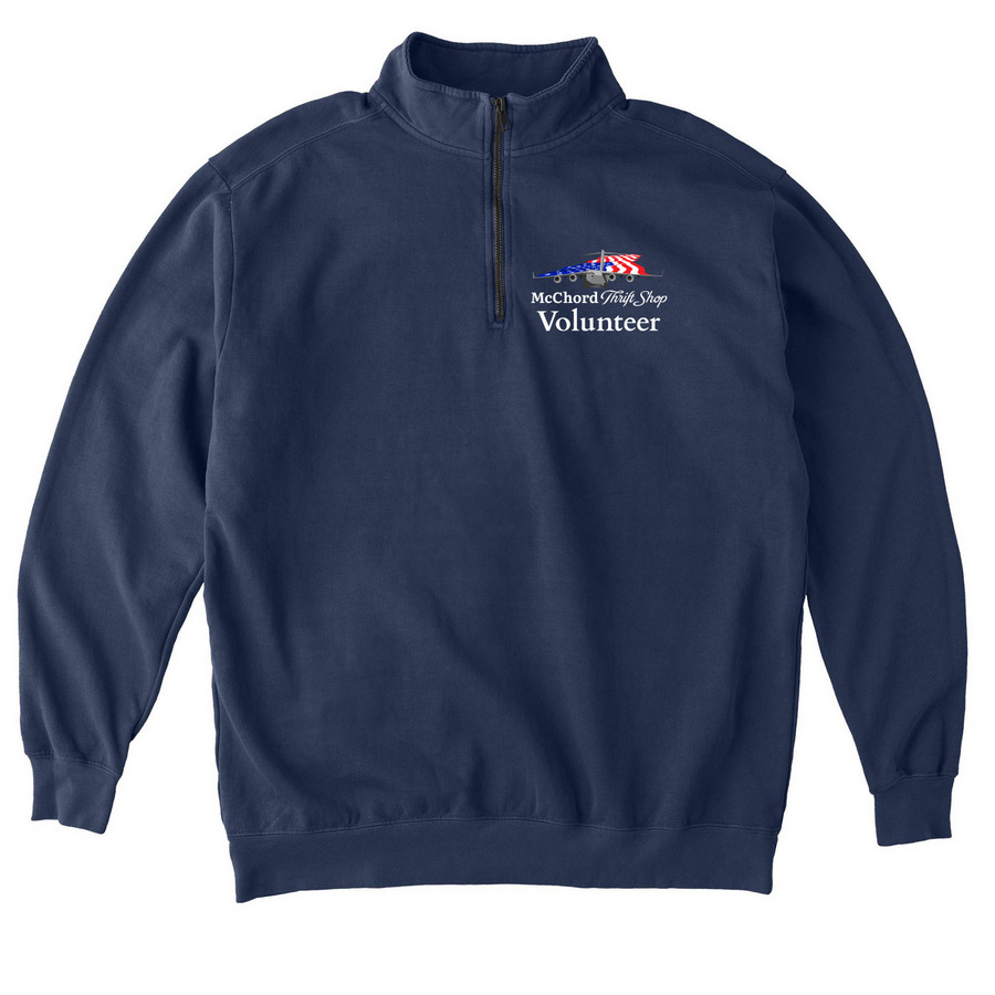 Volunteer sweatshirt - White text, a True Navy Comfort Colors Quarter Zip Pullover