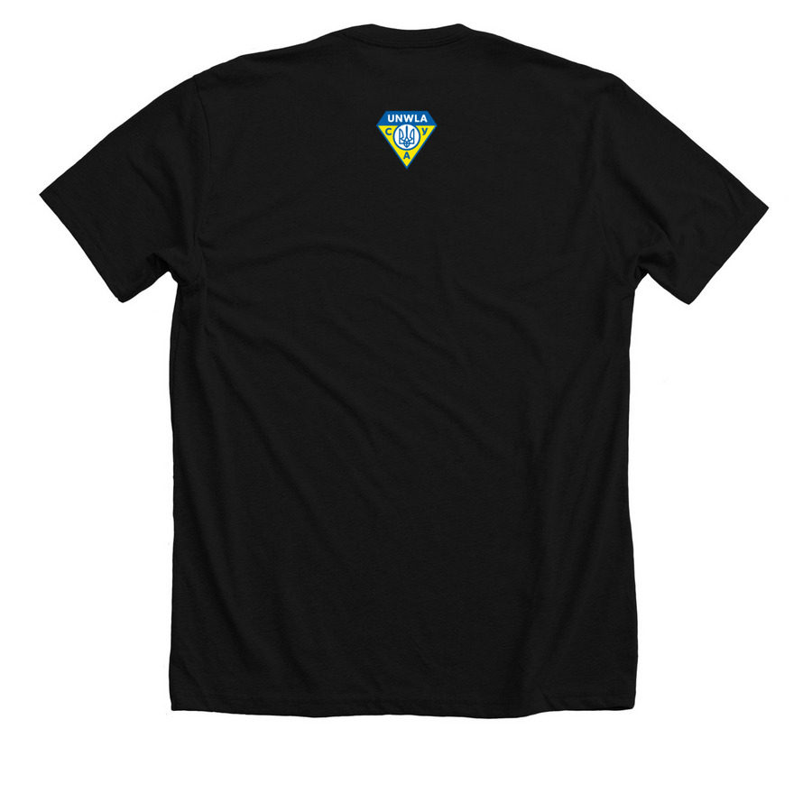 Ukrainian Heritage and Strength, a Solid Black Blend Premium Unisex Tee (back-view)