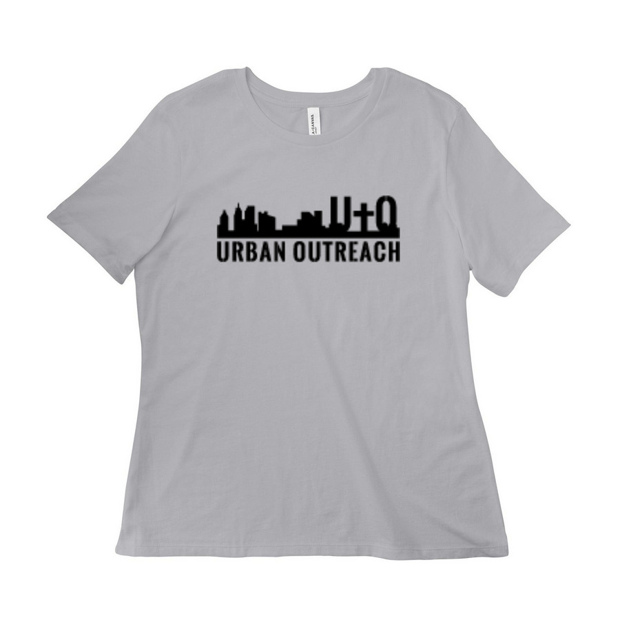 Urban Outreach/ Pump N Run on back, a Solid Athletic Grey Women?s Relaxed Cotton Tee