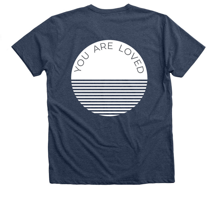 YOU ARE LOVED, a Heather Navy Premium V-Neck Tee (back-view)