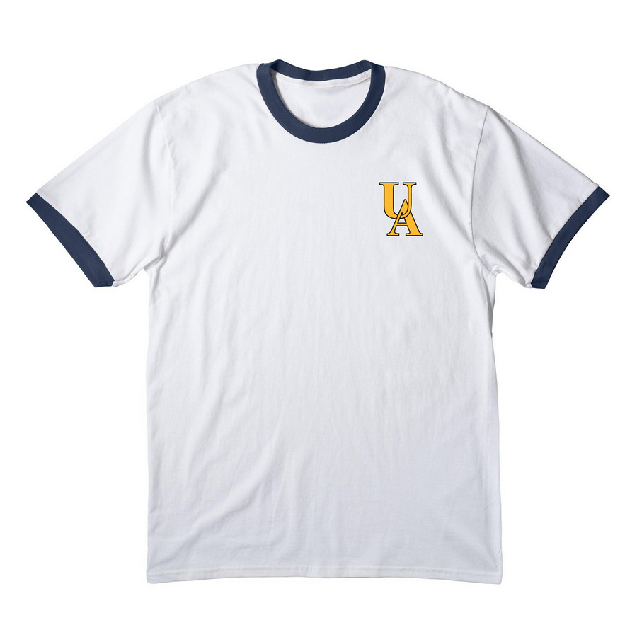 UA front, a White/ Navy Cotton Ringer Tee