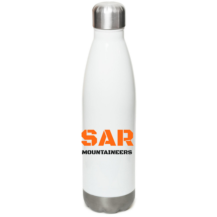 Kaos and Mazi&nbsp;, a White Stainless Steel Water Bottle (back-view)